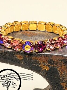 Dark Pink Blinks  Crystal In 14K Gold Plated Stretchy Bracelet